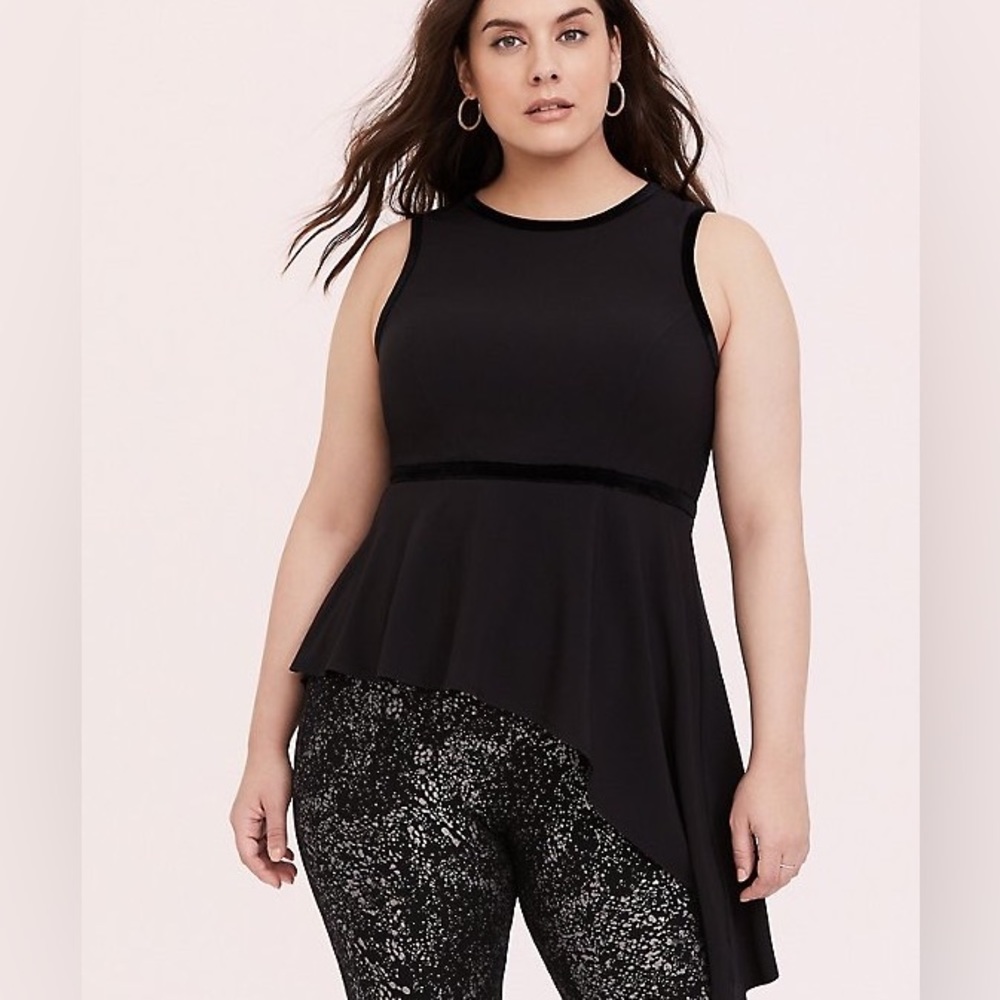Torrid 1 Babydoll Peplum Black Blouse Velvet Detail high low